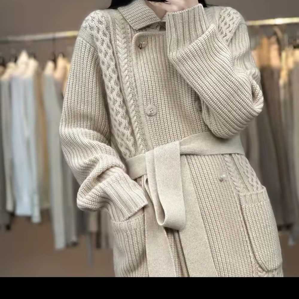 cardigan women's lace-up suit collar thick loose mid-length  sweate - Picture 7 of 9